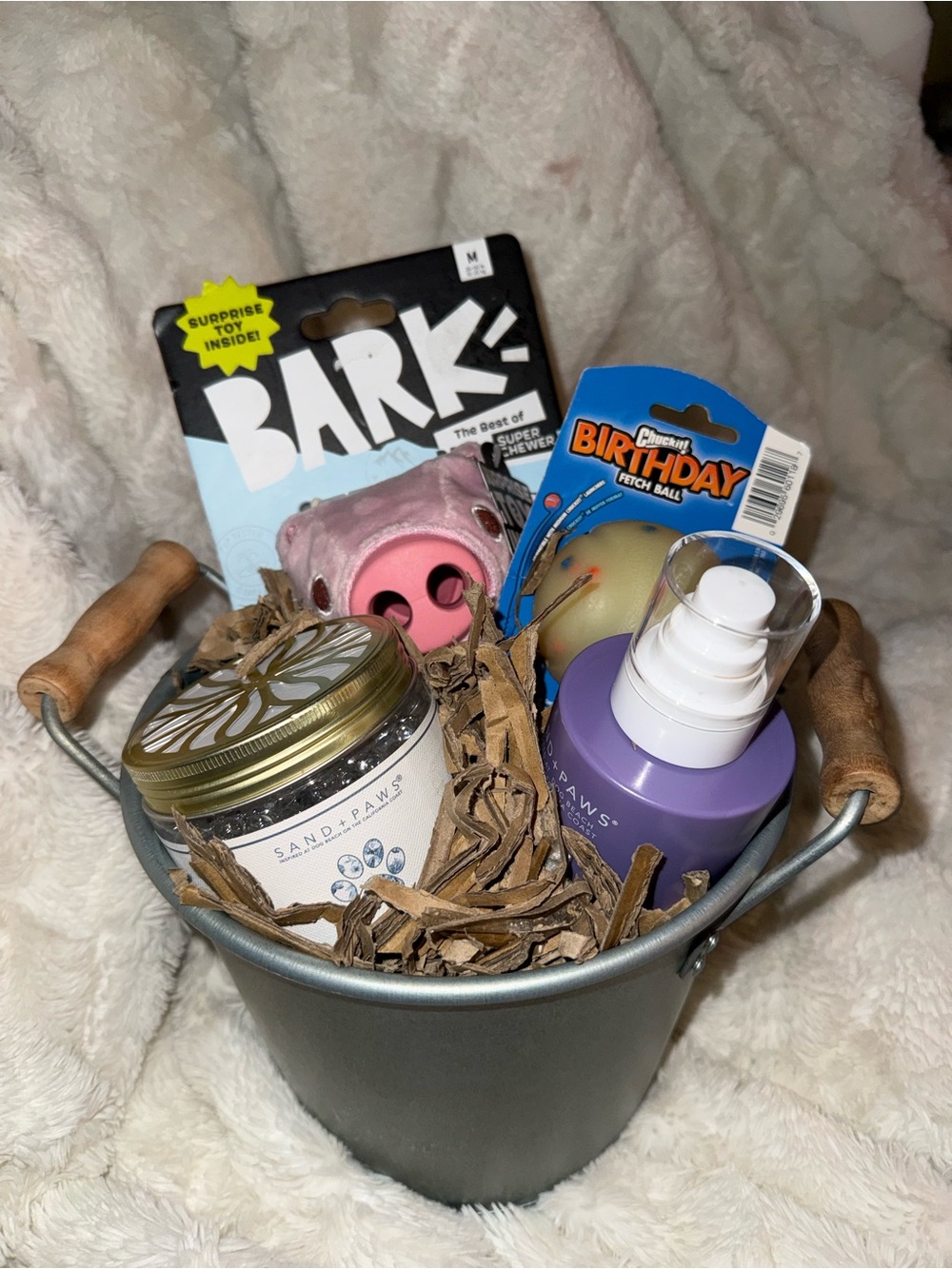 Bucket full of goodies for dogs and dog parents. 5pc set